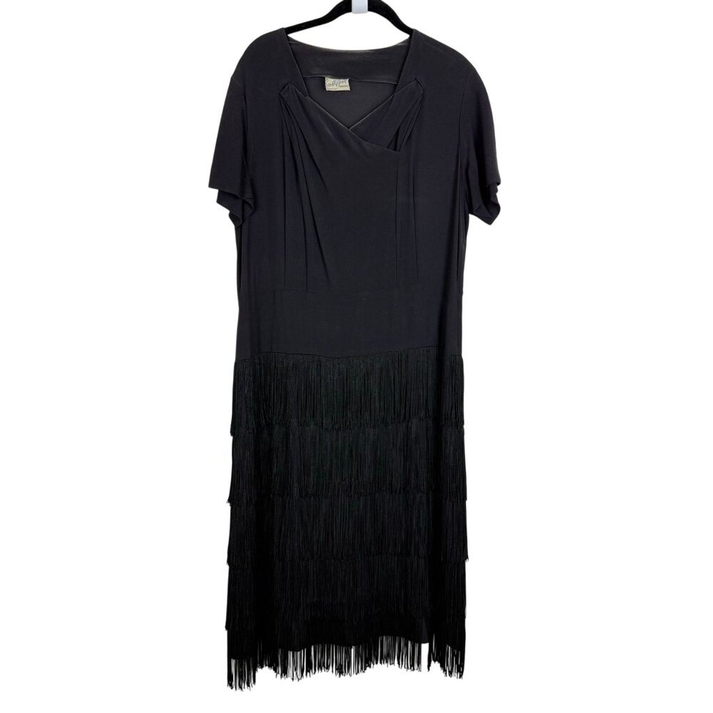 Vtg 40s Sensibly Young Midi Dress L Fringed Bottom Tails Criss Cross Bust Black